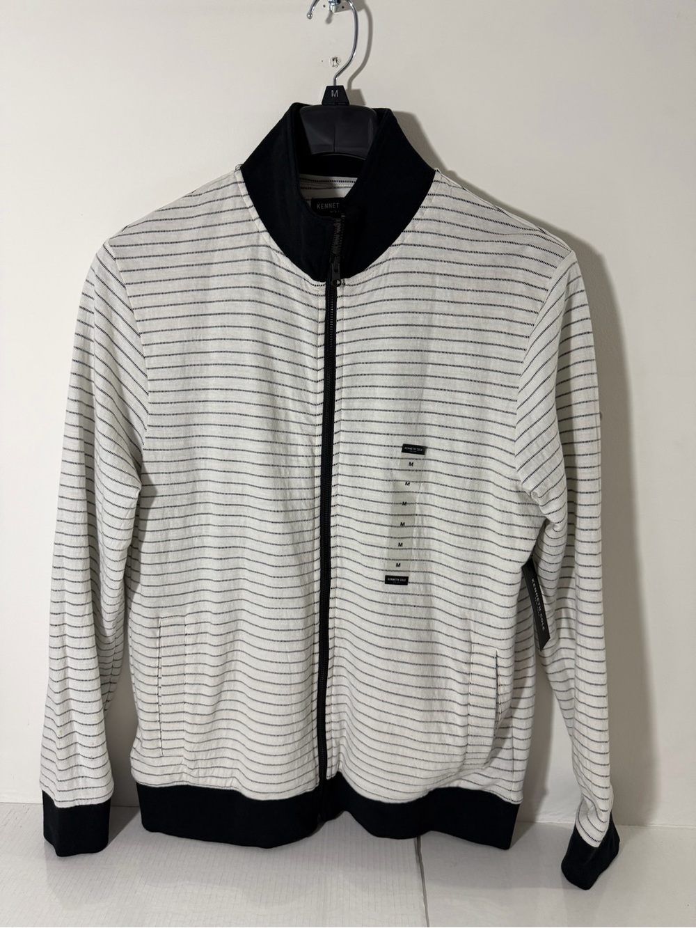 Kenneth Cole New York striped zip-up jacket in off white and black Size Medium